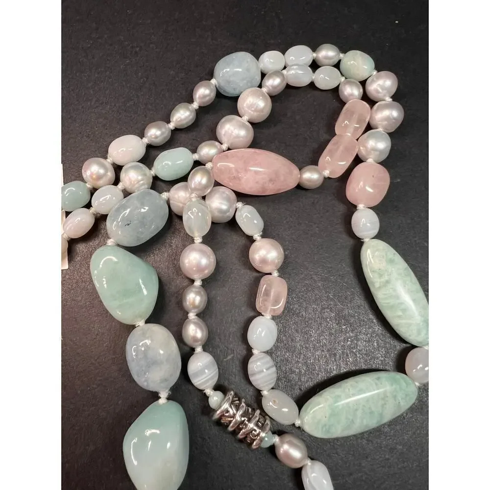 NEW dead stock amazonite , pearl multi stone sterling silver 30 inch necklace